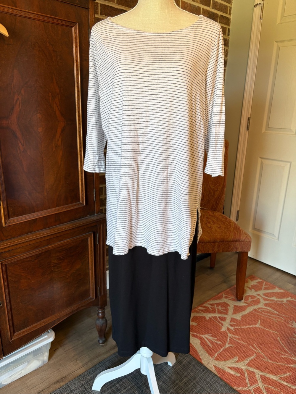 Eileen Fisher White and Black Striped Boatneck Tunic with black skirt